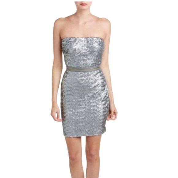 DRESS THE POPULATION Women’s Sequined Ava Strapless Mini Dress Silver Size XS - Picture 1 of 15